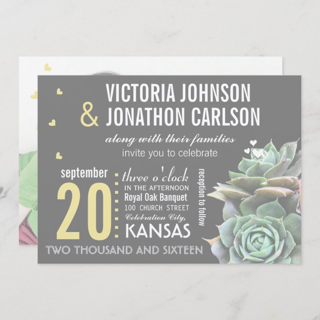 Convite Foto Suculente Amarelo e Cinza no Casamento Anteri (Frente/Verso)