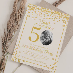 Convite Foto SURPRESA 50º Aniversário Confete Dourado Bege