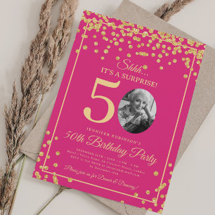 Convite Foto SURPRESA 50º Aniversário Dourado Brilho Rosa