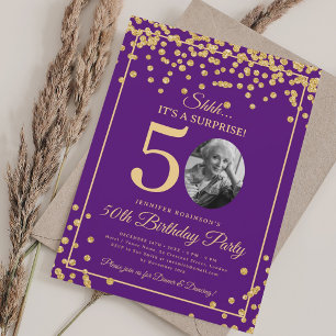 Convite Foto SURPRESA 50º Aniversário Dourado Brilho Roxo