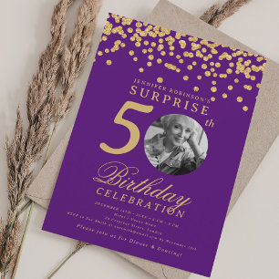 Convite Foto SURPRESA 50º aniversário Dourado Confetti Pur