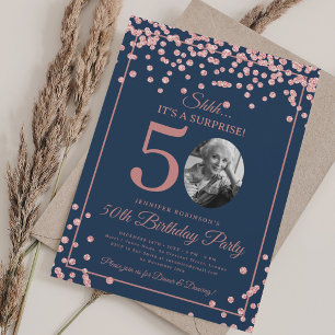 Convite Foto SURPRESA 50º Aniversário Dourado Rosa Azul Ma