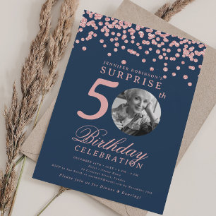 Convite Foto SURPRESA 50º Aniversário Dourado Rosa Azul Ma