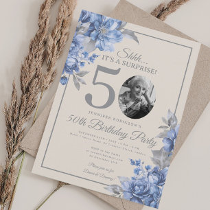 Convite Foto SURPRESA 50º Aniversário Floral Azul Bege