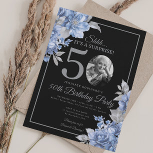 Convite Foto SURPRESA 50º Aniversário Floral Azul Preto