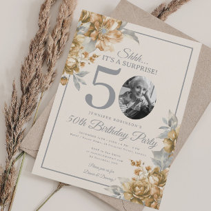 Convite Foto SURPRESA 50º Aniversário Floral Dourado Bege