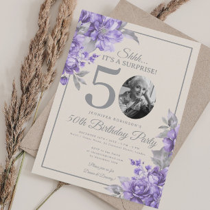 Convite Foto SURPRESA 50º Aniversário Floral Roxo Bege