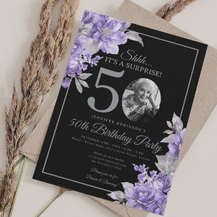 Convite Foto SURPRESA 50º Aniversário Floral Roxo Preto