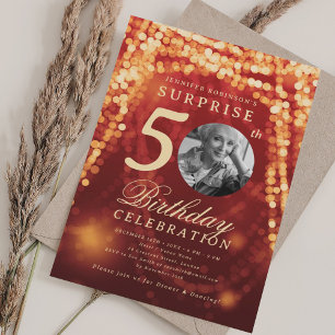 Convite Foto SURPRESA 50º Aniversário Luzes Douradas Verme