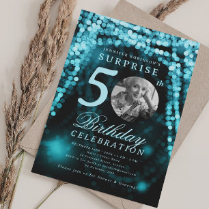 Convite Foto SURPRESA 50º Aniversário Luzes Turquesa Glam