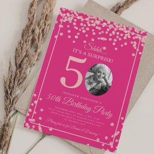 Convite Foto SURPRESA 50º Aniversário Rosa Dourado Rosa Qu