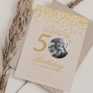 Convite Foto SURPRESA 50 Aniversário Dourado Confetes Cham