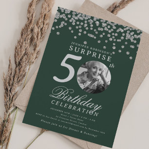 Convite Foto SURPRESA 50 Aniversário Prata Confetti Verde