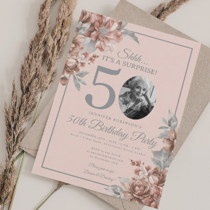 Convite Foto SURPRESA 50 Aniversário Rosa Dourado Floral B