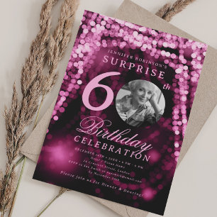 Convite Foto SURPRESA 60º Aniversário Luzes de Vidro Rosa