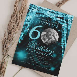 Convite Foto SURPRESA 60º Aniversário Luzes Turquesa Glam
