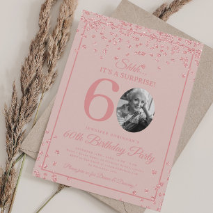 Convite Foto SURPRESA 60º Aniversário Rosa Bege Dourado