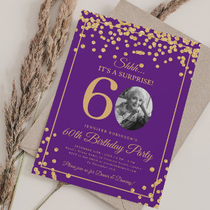 Convite Foto SURPRESA 60 Aniversário Dourado Confetes Roxo