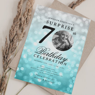 Convite Foto SURPRESA 70º Aniversário Teal Prata Bokeh