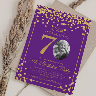 Convite Foto SURPRESA 70 Aniversário Dourado Brilho Roxo