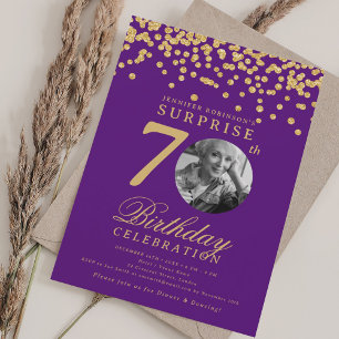 Convite Foto SURPRESA 70 Aniversário Dourado Confetes Roxo