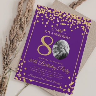 Convite Foto SURPRESA 80 Aniversário Dourado Confetes Roxo