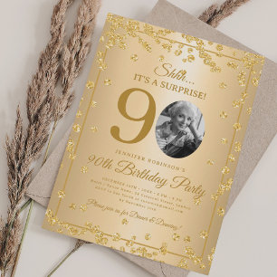 Convite Foto SURPRESA 90º Aniversário Dourado Glam Confete