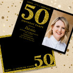 Convite Foto surpresa de aniversário de 50º aniversário da<br><div class="desc">Glam 50º Aniversário Invisições com Imagem Personalizada - Marque cinquenta anos de vida com o Panache com os nossos 50º Convites de Aniversário. Estes convites, com o esquema de cores preto e dourado, transmitem uma sensação de elegância saborosa enquanto adicionam um traço de glamour com brilho de ouro detalhando o...</div>