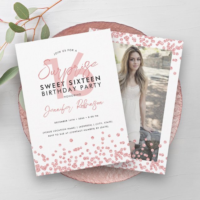 Convite Foto Surpresa de rosa Dourada Glitter 16 (Rose Gold Glitter Photo Surprise Sweet 16 Invitation)