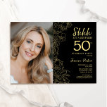 Convite Foto surpresa Dourada negra da Elegante 50º aniver<br><div class="desc">Preto floral e surpresa dourada 50º convite de aniversário com sua foto na frente do cartão. Elegante design moderno com desenhos botânicos desenhados em destaque e letra de script de tipografia. Simples trendy convida cartão perfeito para uma festa de na moda. Pode ser personalizado para qualquer idade. Impressos convites Zazzle...</div>