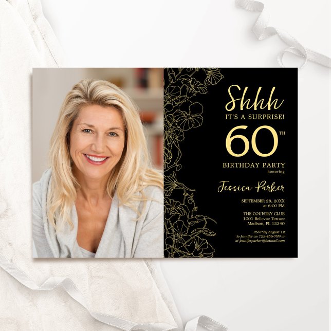 Convite Foto surpresa Dourada negra do Elegante 60º aniver (Criador carregado)
