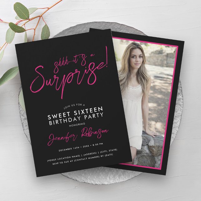 Convite Foto Surpresa Negra Negra Negra-Quente 16 (Hot Pink Black Girly Photo Surprise Sweet 16 Invitation)
