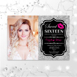 Convite Foto: Sweet 16 Birthday Pink Kiss Silver Black Inv<br><div class="desc">Foto Doce 16 Aniversário. Preto prateado rosado. Doce dezesseis convites de aniversário com sua foto. Possui fonte de script,  lábios beijam e confetti. Design cor-de-rosa branca e preto clássico,  cor-de-rosa quente,  com prata brilhante falso. Perfeito para uma elegante festa de 16 dias.</div>
