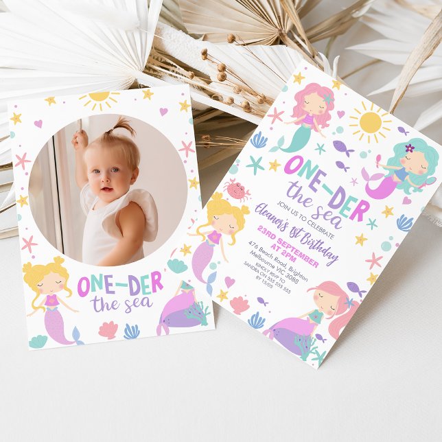 Convite Foto Teal Sereia Oneder O primeiro aniversario Do  (Editable Oneder the Sea Mermaid 1st Birthday Invitation, First 1st Mermaid Birthday, Little Mermaid )
