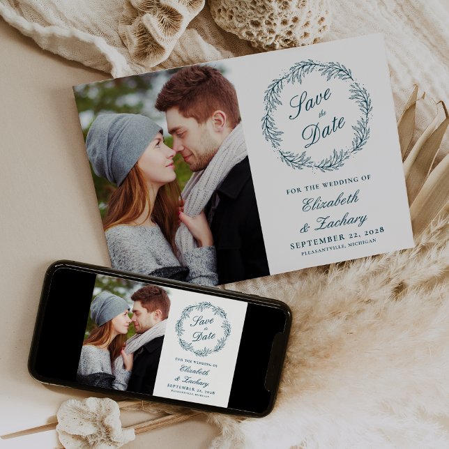 Convite Foto: Texto Botânico Azul Foto Salvar Data (Criador carregado)