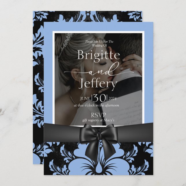 Convite Foto tradicional azul floral (Frente/Verso)