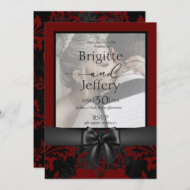 Convite Foto tradicional de casamento vermelha e negra (Frente/Verso)