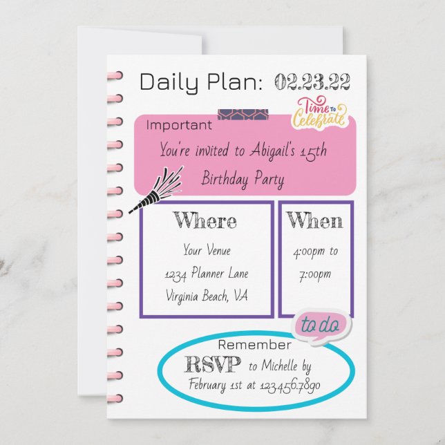 Convite Foto: Trendy Daily Planner Modern Chic Birthday (Frente)