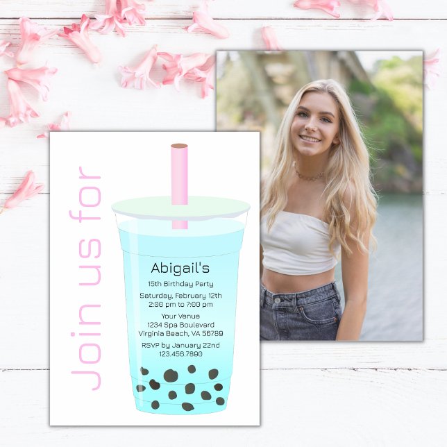 Convite Foto Trendy Modern Pink Blue Boba Tea Aniversário (Criador carregado)
