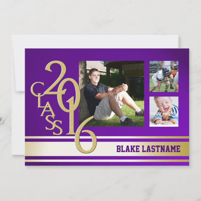 Convite Foto Tripla do Formando Stripe de Varsity Dourada  (Frente)