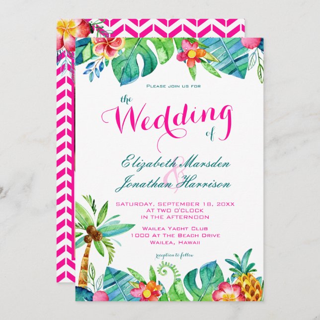 Convite Foto Tropical Berry Pink Teal Floral Casamento (Frente/Verso)
