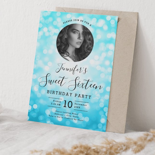 Convite FOTO Turquoise Bokeh Lights Sweet 16 Party (PHOTO Turquoise Bokeh Lights Sweet 16 Party Invitation)