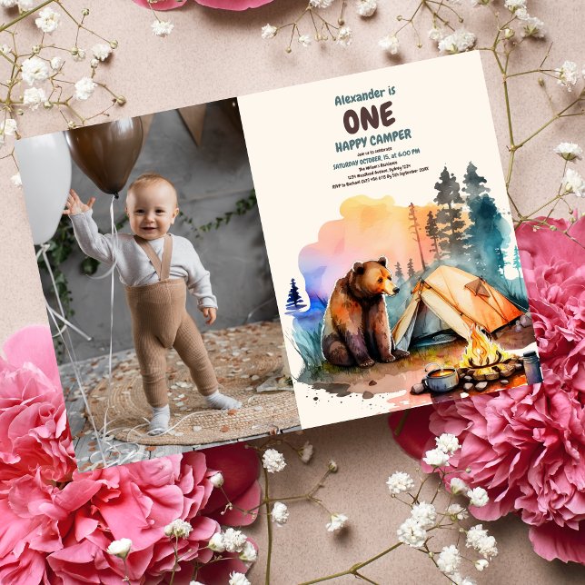 Convite Foto: Um primeiro aniversario de Feliz Camper Wood (Criador carregado)