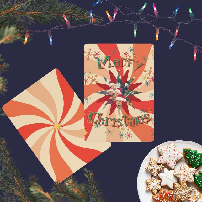 Convite Foto Única de Família com Arte Atômica do Meio do  (Mid-Century Modern  Christmas cards with retro font and your family photo with personalized text)