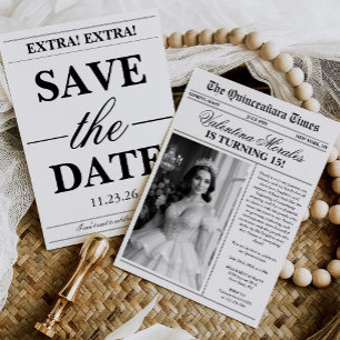 Convite Foto Única de Jornal Vintage para Quinceanera