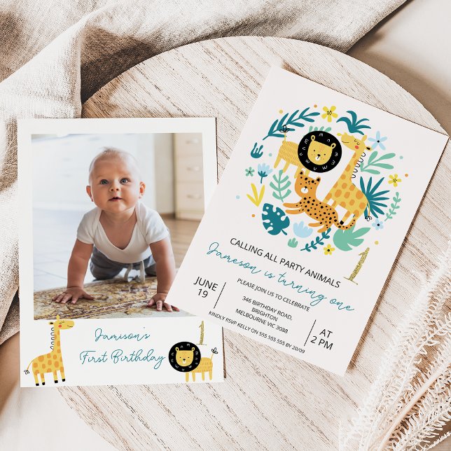 Convite Foto verde Chamando todos os primeiros aniversario (Party Animals Safari 1st Birthday Invitation Baby Boy,
Photo Safari Wild One Birthday Invitation )