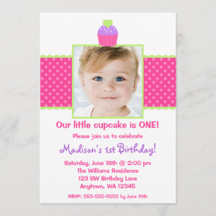 Convite Foto verde cor-de-rosa da menina do primeiro