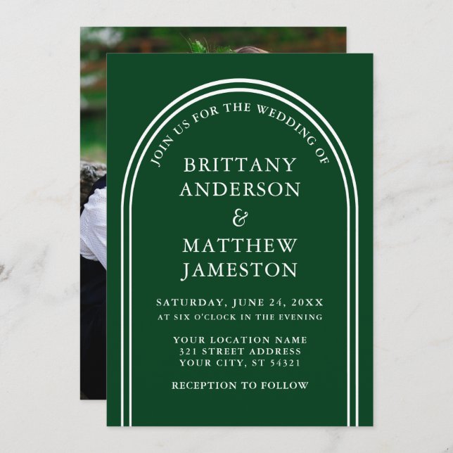 Convite Foto Verde de Casamento em Arco Na moda Moderno (Frente/Verso)