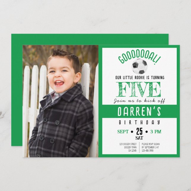 Convite Foto verde de futebol de aquarela (Frente/Verso)