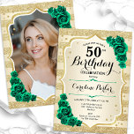 Convite Foto verde Emerald Dourada 50º aniversário<br><div class="desc">Elegante convite floral feminino de 50 anos com sua foto no final do cartão. Design de vidro com ouro brilhante falso. Possui faixas de ouro, rosas esmeraldas verdes, fontes de script e confetti. Perfeito para uma festa de comemoração de na moda adulto. Personalize com seus próprios detalhes. Pode ser personalizado...</div>